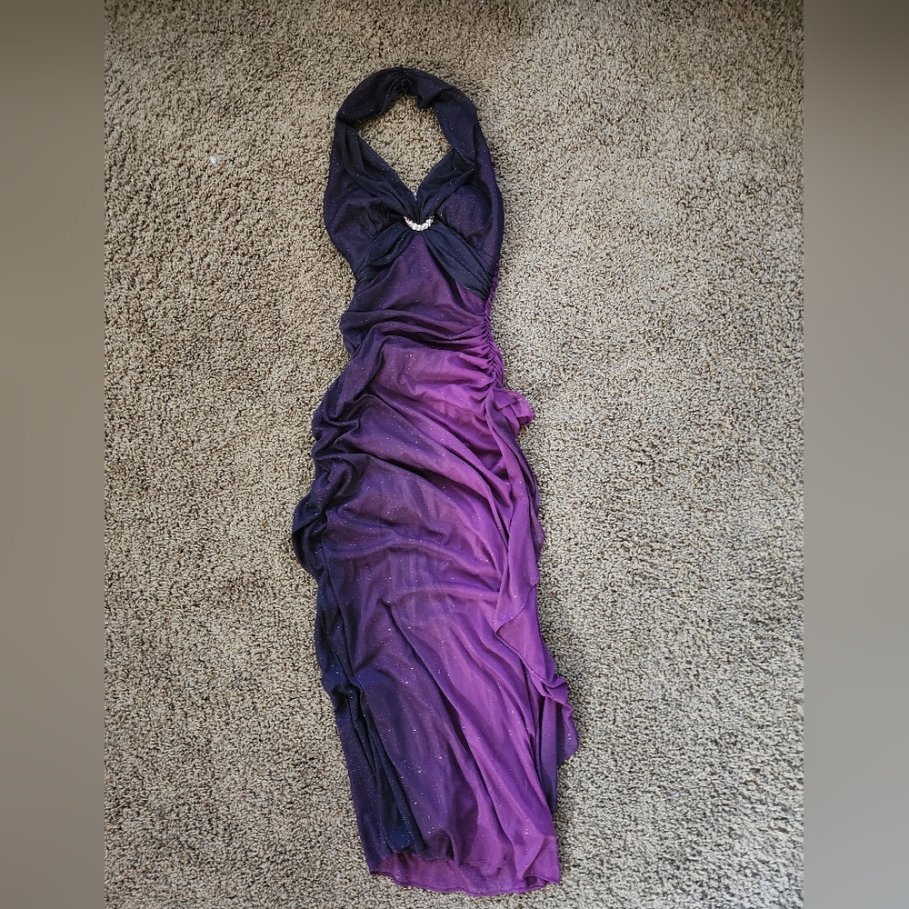 Betsy & Adam Purple Ruched Halter Bodycon Dress